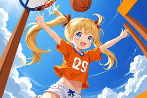 loli, happy_face, yellow hair, down_view, twin_tails, blue_eyes, basketball, orange shirt, white shorts, jumping