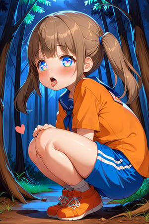 loli, cum face, sideview, twin tails, brown hair, night forest, scout , orange shirt, blue shorts, looking_at_viewer, heart_shaped_pupils, sticking_out_tongue, squatting