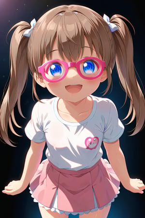 loli, brown hair, happy_face, front_view, twin_tails, blue_eyes, movie, white shirt, pink skirt, 3D_glasses