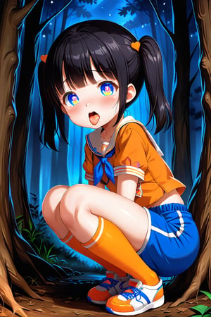 loli, cum face, sideview, twin tails, black hair, night forest, scout , orange shirt, blue shorts, looking_at_viewer, heart_shaped_pupils, sticking_out_tongue, squatting