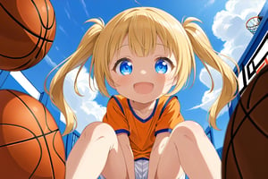 loli, happy_face, yellow hair, down_view, twin_tails, blue_eyes, basketball, orange shirt, white shorts, sitting_down