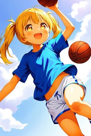 loli, happy_face, yellow hair, down_view, twin_tails, yellow_eyes, basketball, blue shirt, white shorts, jumping