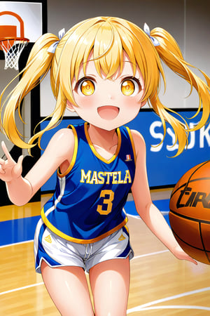 loli, happy_face, yellow hair, front_view, twin_tails, yellow_eyes, basketball, blue shirt, white shorts, 