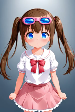 loli, brown hair, front_view, twin_tails, blue_eyes, movie, white shirt, pink skirt, 3D glasses