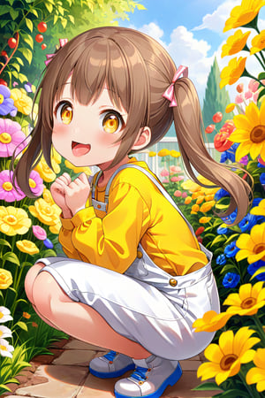 loli hypnotized, happy_face, yellow eyes, brown hair, side_view, twin_tails, flowers garden, yellow shirt, white overalls, squatting, sticking_out_tongue