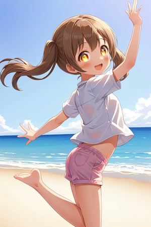 loli hypnotized, happy_face, yellow eyes, brown hair, side_view, twin_tails, beach, white shirt, pink short pants, jumping