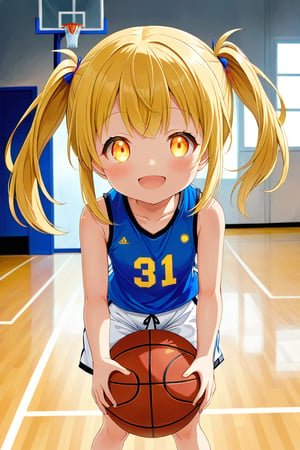 loli, happy_face, yellow hair, front_view, twin_tails, yellow_eyes, basketball, blue shirt, white shorts, 