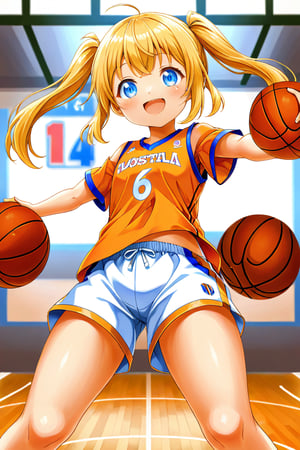 loli, happy_face, yellow hair, front_view, twin_tails, blue_eyes, basketball, orange shirt, white shorts, 