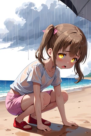 loli hypnotized, sad_face, yellow eyes, brown hair, side_view, twin_tails, rain beach, white shirt, pink short pants, crouched, sticking_out_tongue