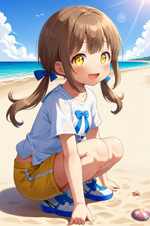 loli hypnotized, happy_face, yellow eyes, brown hair, side_view, twin_tails, beach, white shirt, yellow short pants, crouched