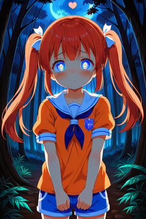 loli, sad face, front view, twin tails, red hair, night forest, scout , orange shirt, blue shorts, looking_at_viewer, heart_shaped_pupils, 