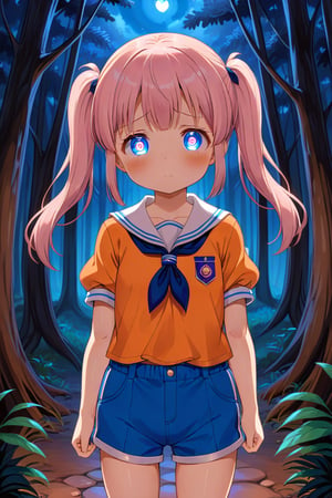 loli, sad face, front view, twin tails, pink hair, night forest, scout , orange shirt, blue shorts, looking_at_viewer, heart_shaped_pupils, 