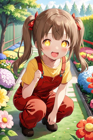 loli hypnotized, happy_face, yellow eyes, brown hair, front_view, twin_tails, flowers garden, yellow shirt, red overalls, squatting, sticking_out_tongue