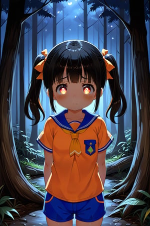 loli, sad face, front view, twin tails, black hair, night forest, scout , orange shirt, blue shorts, looking_at_viewer, heart_shaped_pupils, 