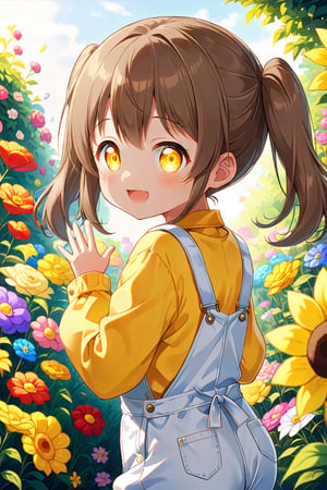 loli hypnotized, happy_face, yellow eyes, brown hair, side_view, twin_tails, flowers garden, yellow shirt, white overalls, 