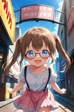 loli, brown hair, happy_face, front_view, twin_tails, blue_eyes, movie, white shirt, pink skirt, black glasses, signs