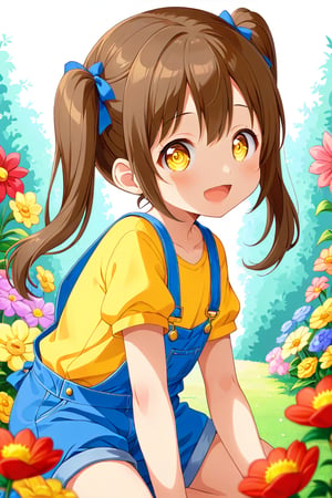 loli hypnotized, happy_face, yellow eyes, brown hair, side_view, twin_tails, flowers garden, yellow shirt, blue overalls, crouched
