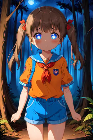 loli, sad face, front view, twin tails, brown hair, night forest, scout , orange shirt, blue shorts, looking_at_viewer, heart_shaped_pupils, 