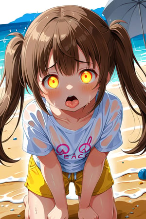 loli hypnotized, sad_face, yellow eyes, brown hair, front_view, twin_tails, rain beach, white shirt, yellow short pants, crouched, sticking_out_tongue, peace fingers