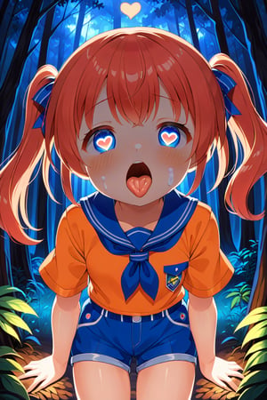 loli, cum face, front view, twin tails, red hair, night forest, scout , orange shirt, blue shorts, looking_at_viewer, heart_shaped_pupils, sticking_out_tongue