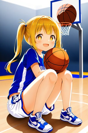 loli, happy_face, yellow hair, down_view, twin_tails, yellow_eyes, basketball, blue shirt, white shorts,  sitting_down