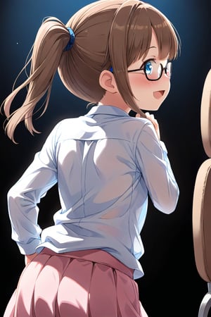 loli, brown hair, happy_face, side_view, twin_tails, blue_eyes, theather, white shirt, pink skirt, black glasses, ass_job