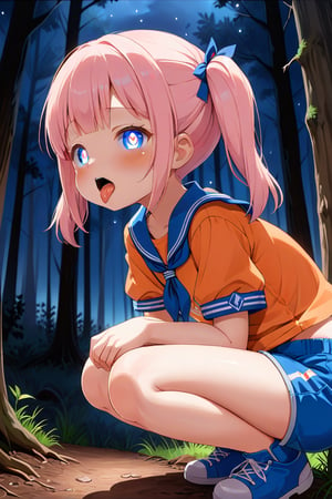 loli, cum face, sideview, twin tails, pink hair, night forest, scout , orange shirt, blue shorts, looking_at_viewer, heart_shaped_pupils, sticking_out_tongue, squatting