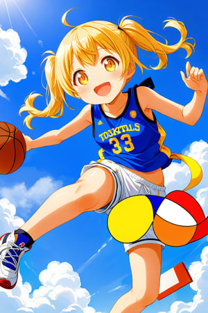 loli, happy_face, yellow hair, down_view, twin_tails, yellow_eyes, basketball, blue shirt, white shorts, jumping