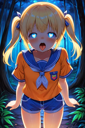 loli, cum face, front view, twin tails, yellow hair, night forest, scout , orange shirt, blue shorts, looking_at_viewer, heart_shaped_pupils, sticking_out_tongue