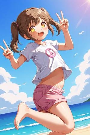 loli hypnotized, happy_face, yellow eyes, brown hair, side_view, twin_tails, beach, white shirt, pink short pants, jumping, peace fingers