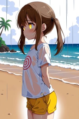 loli hypnotized, sad_face, yellow eyes, brown hair, side_view, twin_tails, rain beach, white shirt, yellow short pants, 