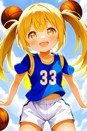 loli, happy_face, yellow hair, down_view, twin_tails, yellow_eyes, basketball, blue shirt, white shorts,