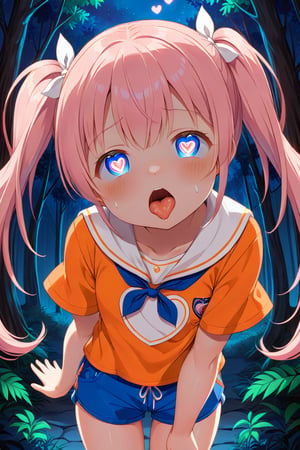 loli, cum face, front view, twin tails,pink hair, night forest, scout , orange shirt, blue shorts, looking_at_viewer, heart_shaped_pupils, sticking_out_tongue