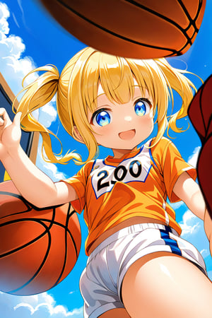 loli, happy_face, yellow hair, down_view, twin_tails, blue_eyes, basketball, orange shirt, white shorts, lying