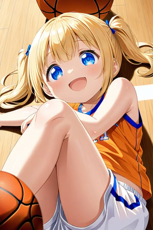 loli, happy_face, yellow hair, down_view, twin_tails, blue_eyes, basketball, orange shirt, white shorts, lying