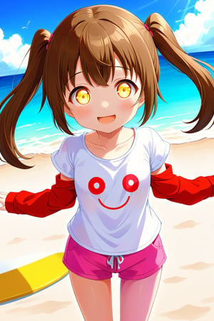 loli hypnotized, happy_face, yellow eyes, brown hair, front_view, twin_tails, beach, white shirt, pink short pants, 