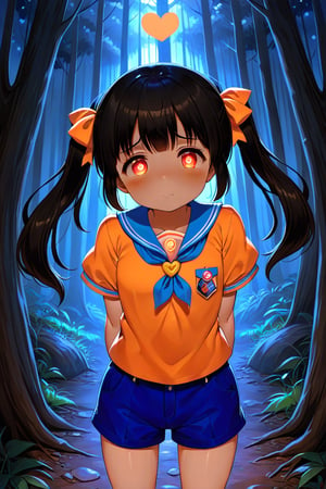 loli, sad face, front view, twin tails, black hair, night forest, scout , orange shirt, blue shorts, looking_at_viewer, heart_shaped_pupils, 