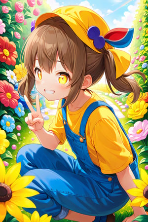 loli hypnotized, happy_face, yellow eyes, brown hair, side_view, twin_tails, flowers garden, yellow shirt, blue overalls, crouched, peace fingers