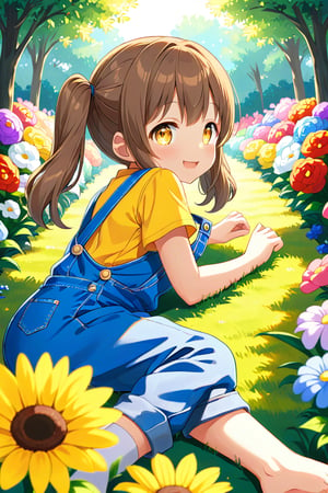 loli hypnotized, happy_face, yellow eyes, brown hair, side_view, twin_tails, flowers garden, yellow shirt, blue overalls, lying