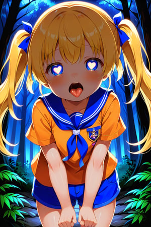 loli, cum face, front view, twin tails, yellow hair, night forest, scout , orange shirt, blue shorts, looking_at_viewer, heart_shaped_pupils, sticking_out_tongue