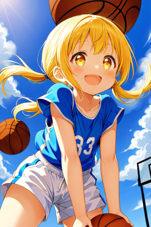 loli, happy_face, yellow hair, down_view, twin_tails, yellow_eyes, basketball, blue shirt, white shorts,