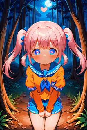 loli, sad face, front view, twin tails, pink hair, night forest, scout , orange shirt, blue shorts, looking_at_viewer, heart_shaped_pupils, 