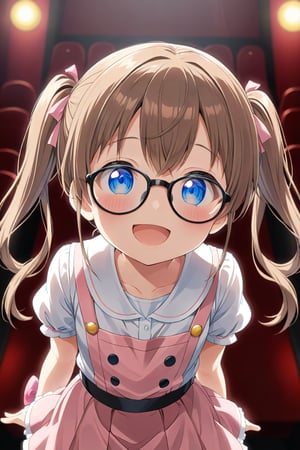 loli, brown hair, happy_face, front_view, twin_tails, blue_eyes, theather, white shirt, pink skirt, black glasses, 