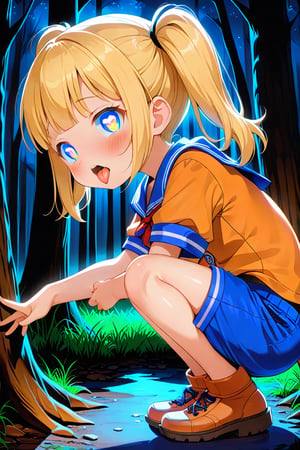 loli, cum face, sideview, twin tails, yellow hair, night forest, scout , orange shirt, blue shorts, looking_at_viewer, heart_shaped_pupils, sticking_out_tongue, squatting