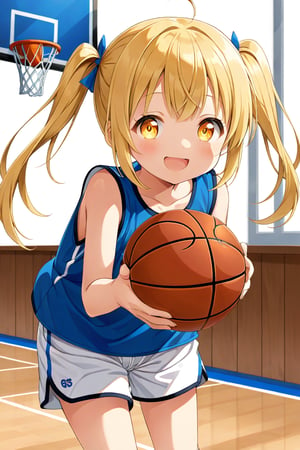 loli, happy_face, yellow hair, front_view, twin_tails, yellow_eyes, basketball, blue shirt, white shorts, 