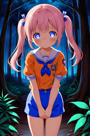 loli, sad face, front view, twin tails, pink hair, night forest, scout , orange shirt, blue shorts, looking_at_viewer, heart_shaped_pupils, 