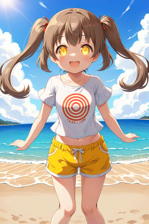 loli hypnotized, happy_face, yellow eyes, brown hair, front_view, twin_tails, beach, white shirt, yellow short pants, 