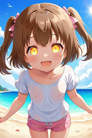 loli hypnotized, happy_face, yellow eyes, brown hair, front_view, twin_tails, beach, white shirt, pink short pants, 