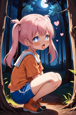 loli, cum face, sideview, twin tails, pink hair, night forest, scout , orange shirt, blue shorts, looking_at_viewer, heart_shaped_pupils, sticking_out_tongue, squatting