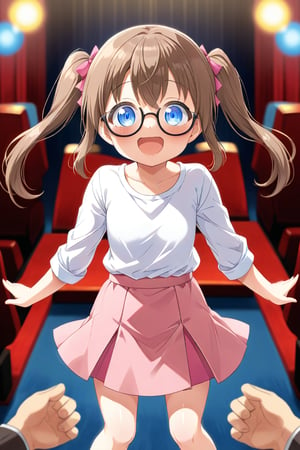 loli, brown hair, happy_face, front_view, twin_tails, blue_eyes, theather, white shirt, pink skirt, black glasses, lolling